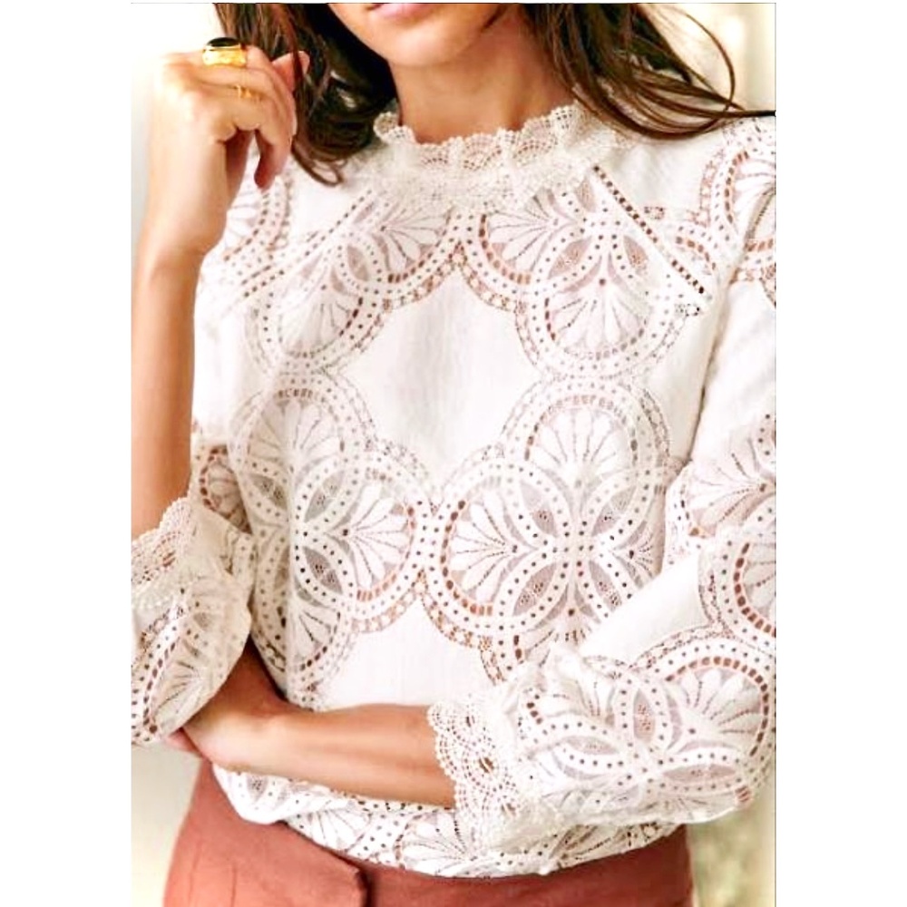 Sezane Organic Cotton Lace Bianca Blouse W/ Guipure Lace Accents & 7/8" Sleeves